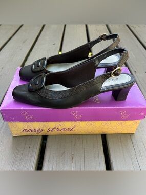 Easy Street Kitten Heel Slingback Brown Faux Leather Faux Snake | Size 8